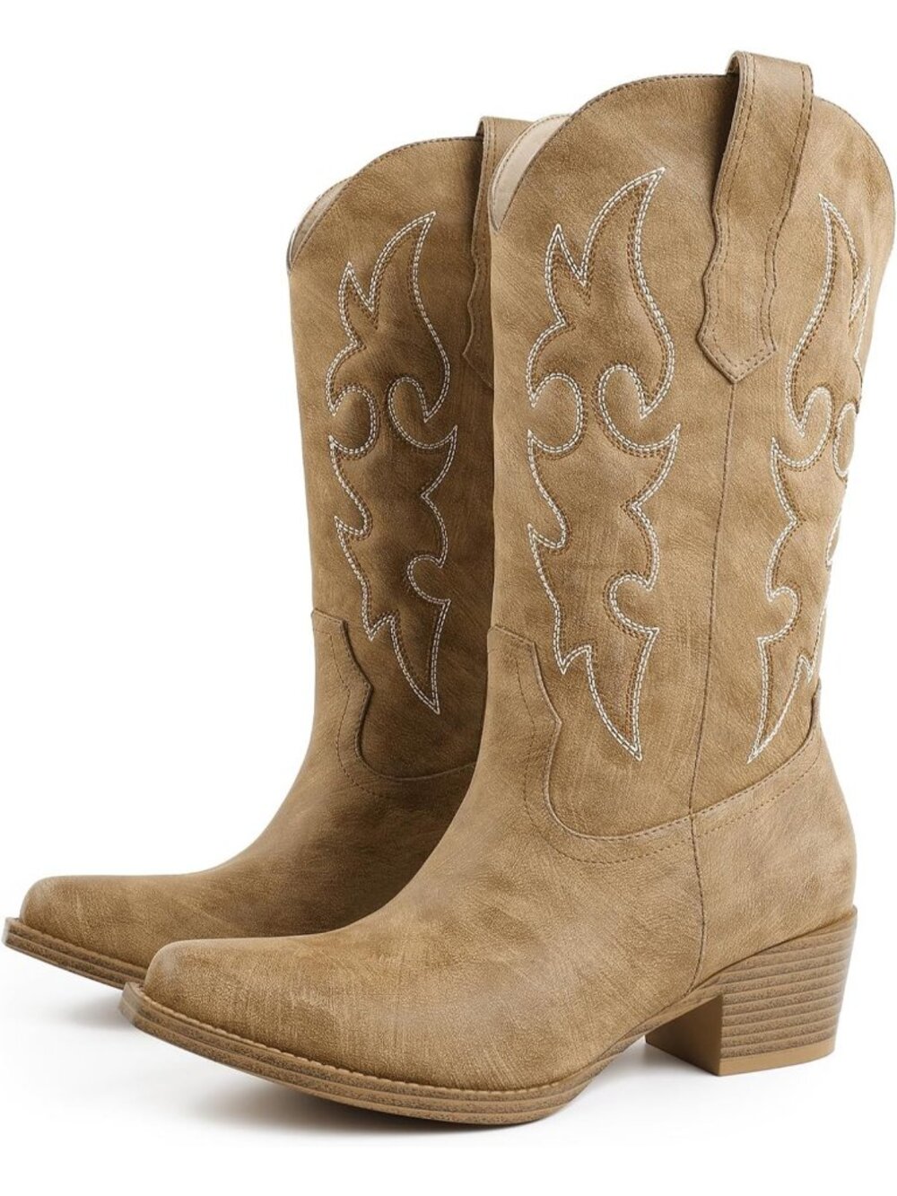 Women's Camel Cowboy Boots, Mid Calf Western Pull On Cowgirl Boots - Picture 7 of 7
